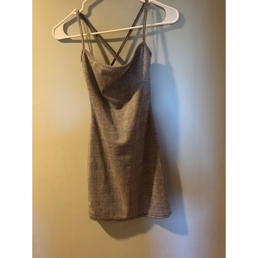 Plaid Spaghetti Strap‎ Mini Dress Crisscross Back Cowl Neck - Picture 2 of 13